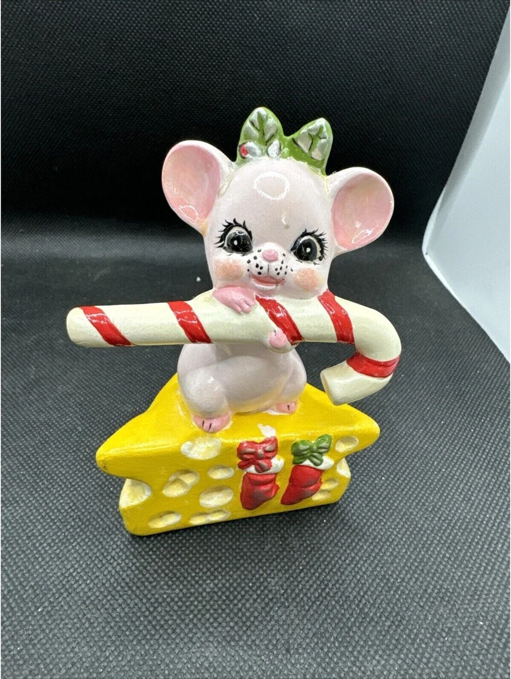 Vintage Christmas Figurine Mouse on Cheese Wedge With Candy Cane Stockings